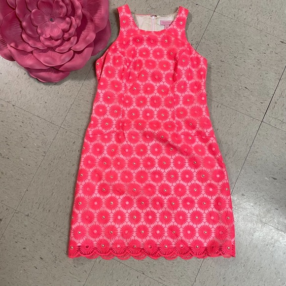 LILLY PULITZER Pearl Dress Sz 4 Fiesta‎ Pink Embroidered Pinwheel Organza Lined - Picture 5 of 12